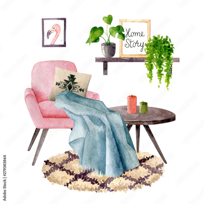 Cozy room interior with furniture, carpet, pictures and houseplants in ...